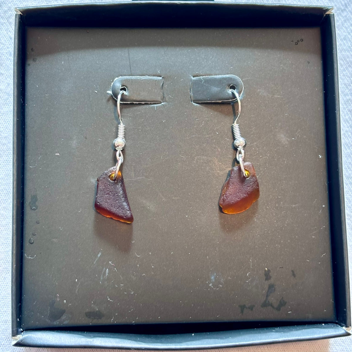 Silver Plated Sea Glass Earrings - Brown