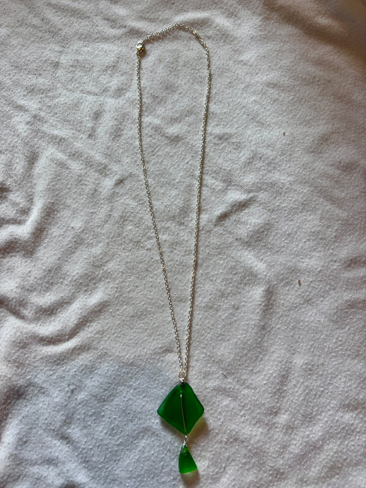 Silver Plated Sea Glass Necklace - Green Double