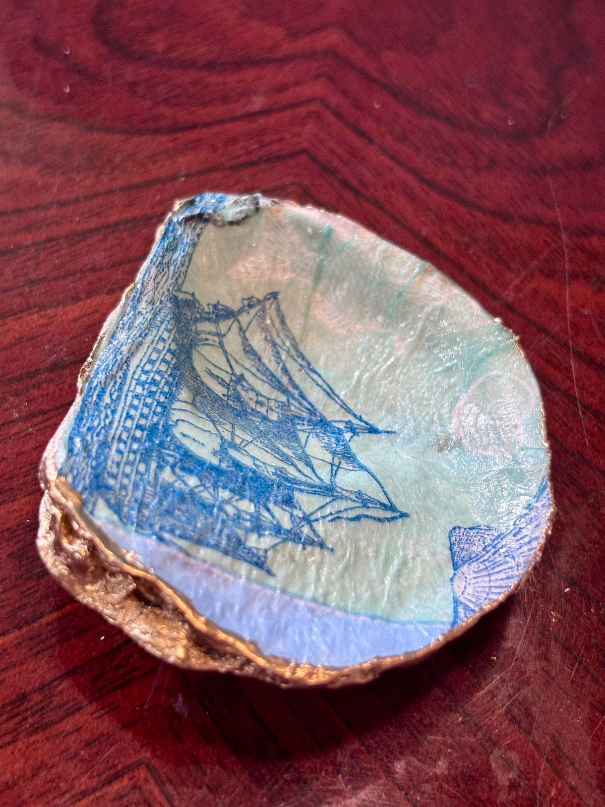 Decoupaged Shell - Sailing Boat