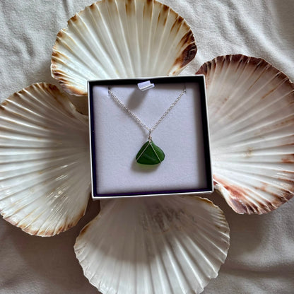 Silver Plated Sea Glass Necklace - Green