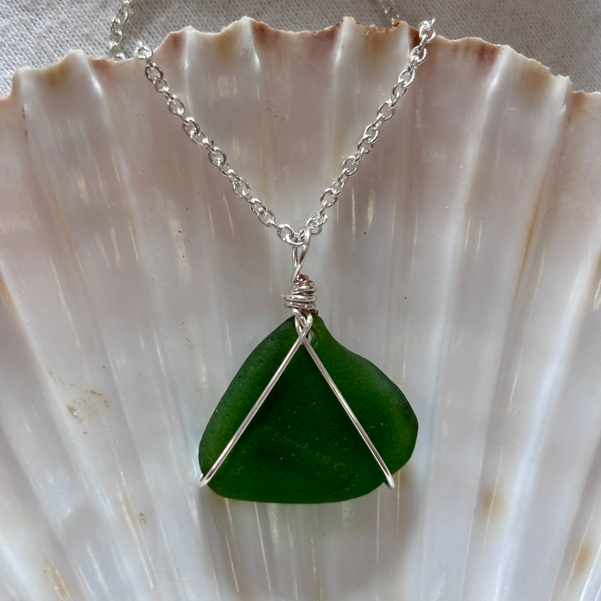 Silver Plated Sea Glass Necklace - Green