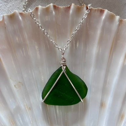 Silver Plated Sea Glass Necklace - Green