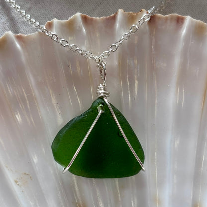 Silver Plated Sea Glass Necklace - Green