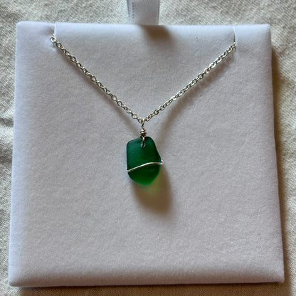 Silver Plated Sea Glass Necklace - Green