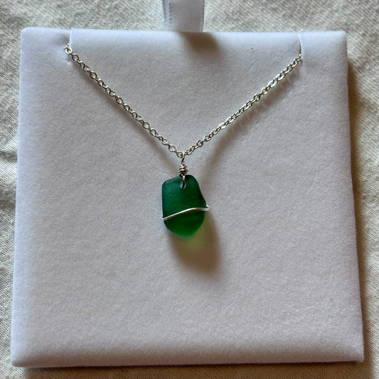 Silver Plated Sea Glass Necklace - Green