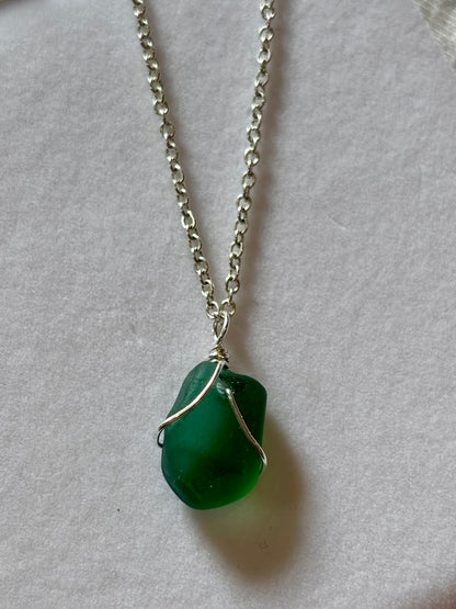 Silver Plated Sea Glass Necklace - Green