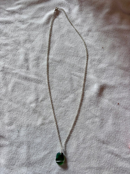 Silver Plated Sea Glass Necklace - Green