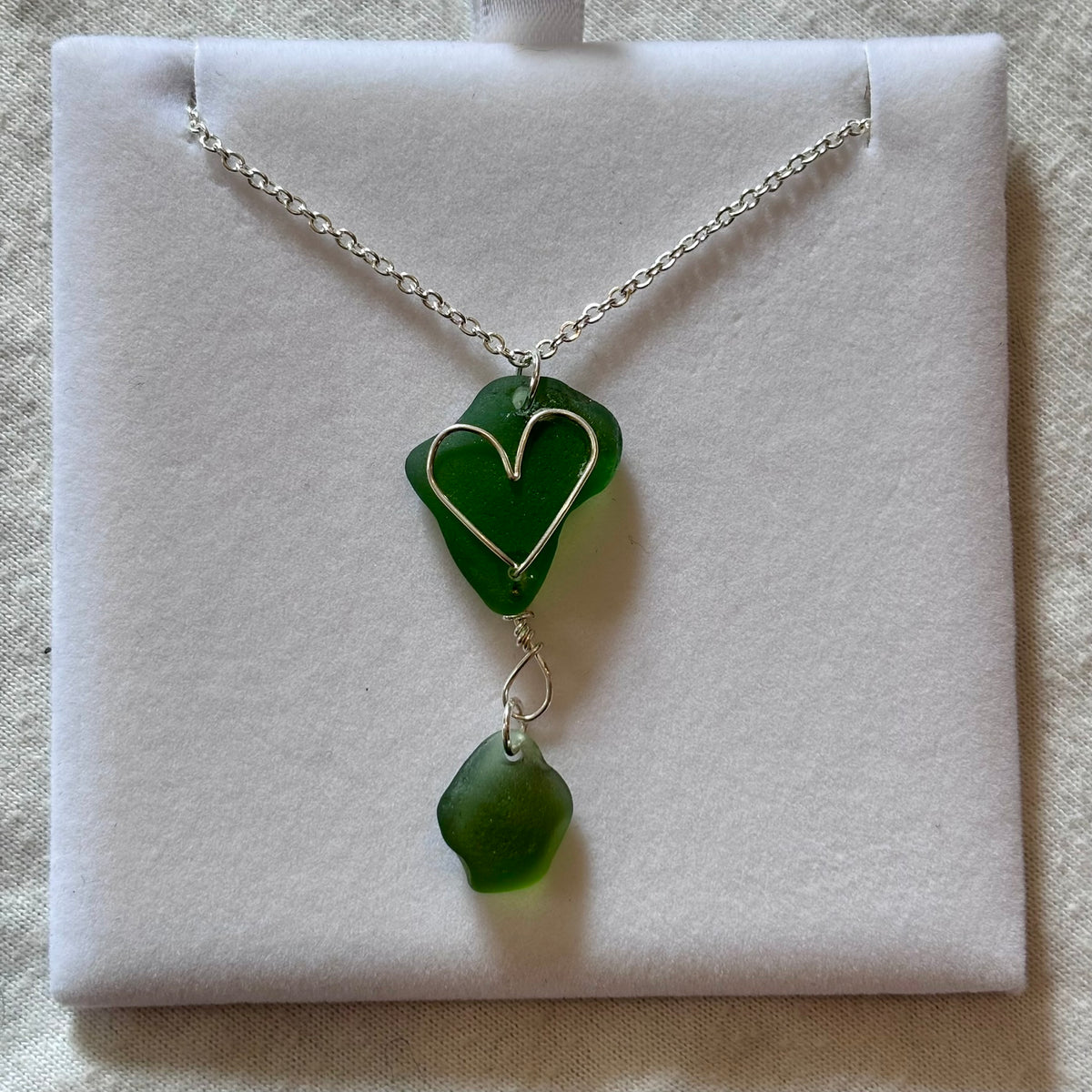 Silver Plated Sea Glass Necklace - Green Heart