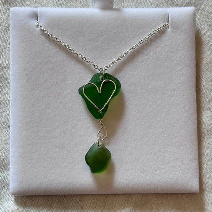 Silver Plated Sea Glass Necklace - Green Heart