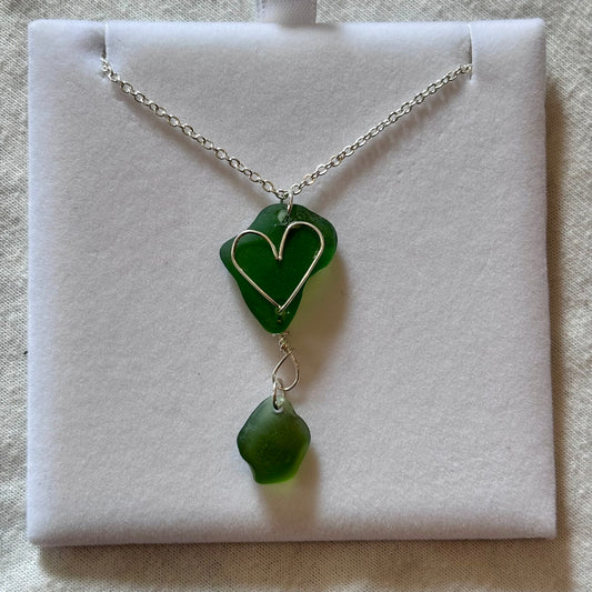 Silver Plated Sea Glass Necklace - Green Heart