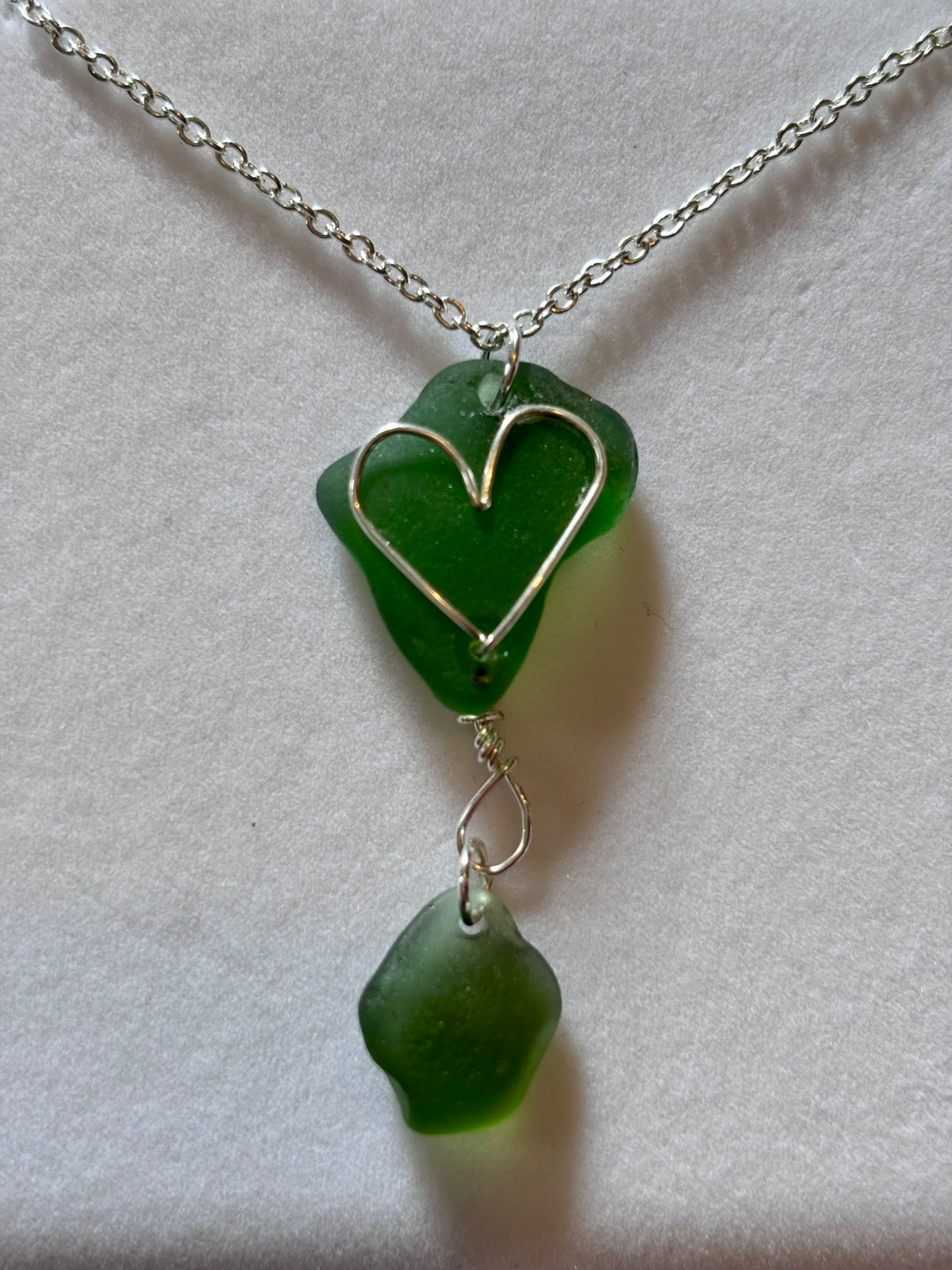 Silver Plated Sea Glass Necklace - Green Heart