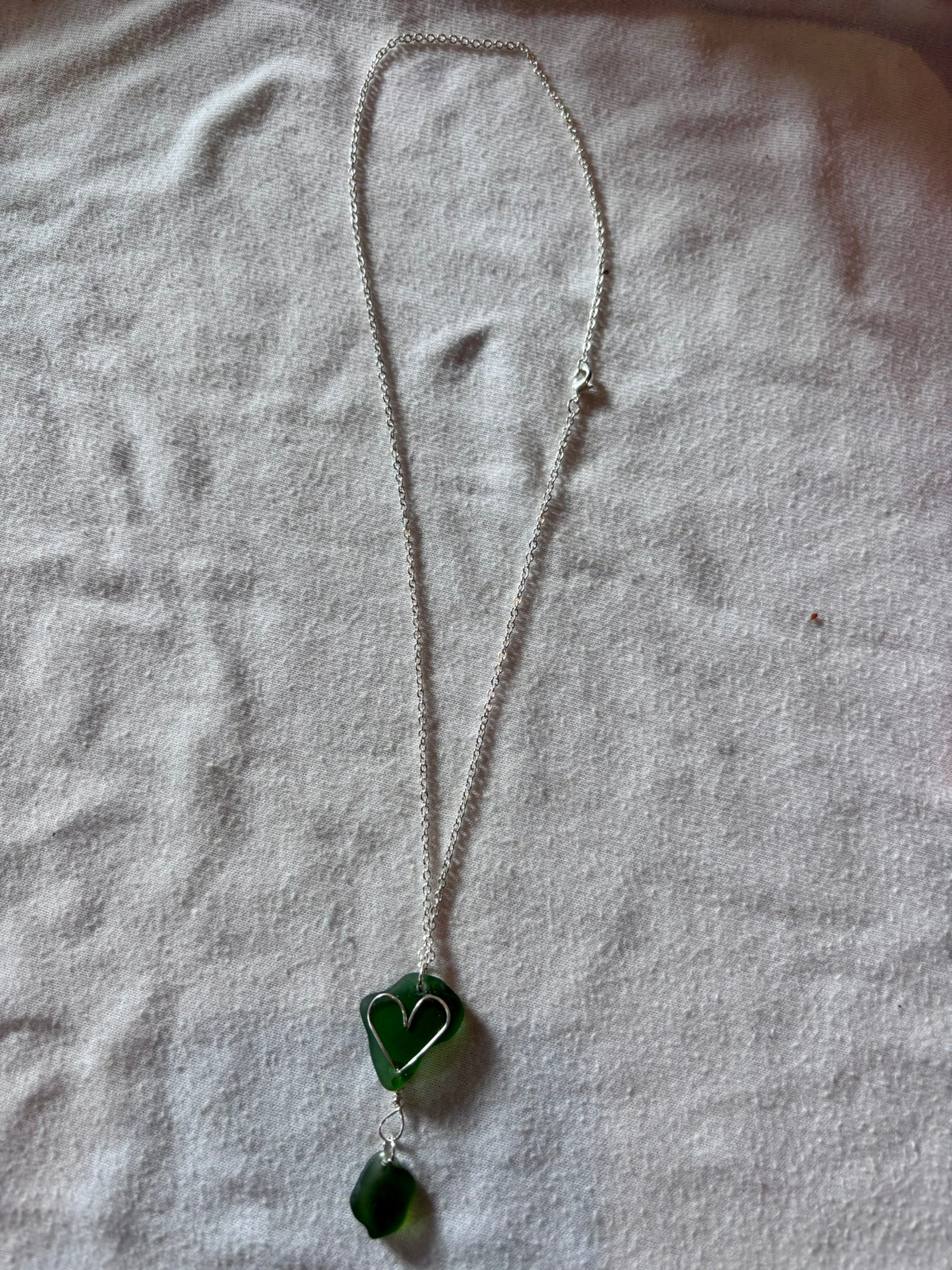 Silver Plated Sea Glass Necklace - Green Heart