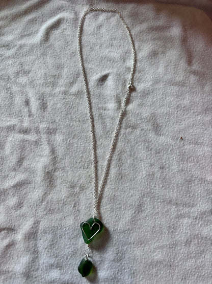 Silver Plated Sea Glass Necklace - Green Heart