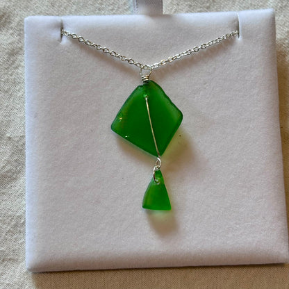 Silver Plated Sea Glass Necklace - Green Double