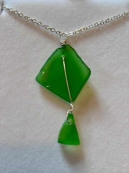 Silver Plated Sea Glass Necklace - Green Double