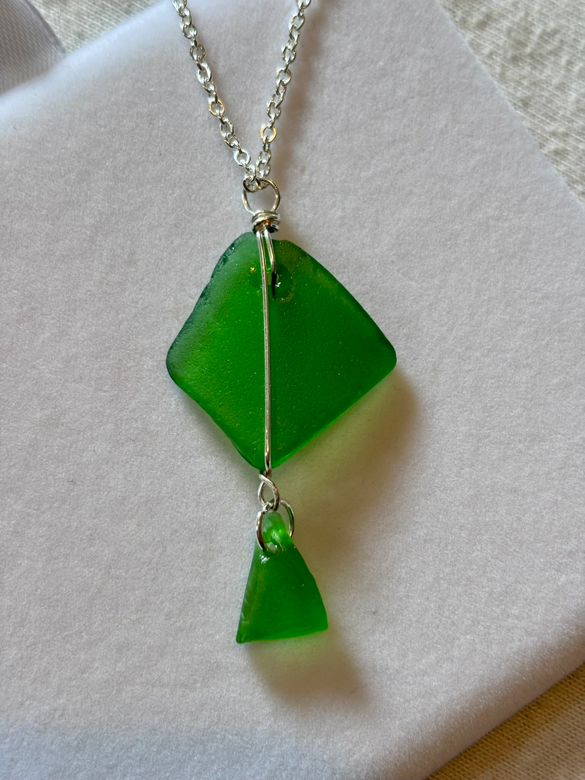 Silver Plated Sea Glass Necklace - Green Double