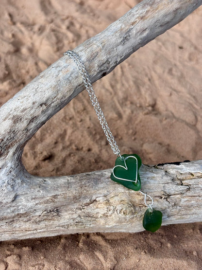 Silver Plated Sea Glass Necklace - Green Heart